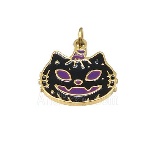 Halloween Cat Charms Stainless Steel Pendant Black Enamel Gold Plated