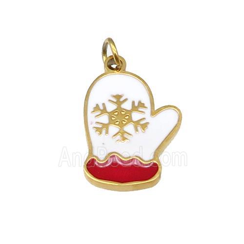 Christmas Mitten Stainless Steel Pendant Snowflake White Red Enamel Gold Plated