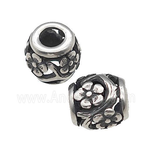 Titanium Steel Barrel Beads Large Hole Flower Hollow Antique Silver