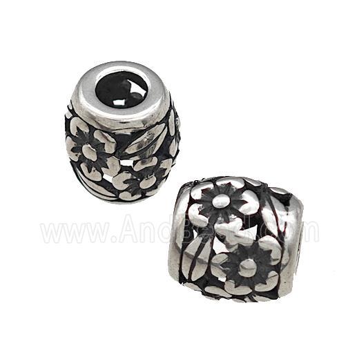 Titanium Steel Barrel Beads Large Hole Flower Hollow Antique Silver