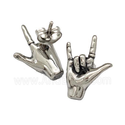 Stainless Steel Stud Earrings I Love You Hand Sign Antique Silver