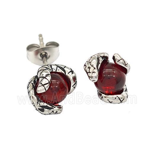 Stainless Steel Snake Stud Earrings With Red Glass Antique Silver