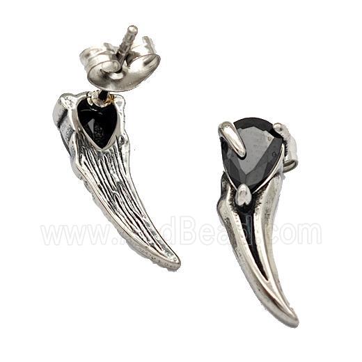 Stainless Steel Horn Stud Earrings Pave Rhinestone Antique Silver