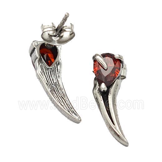 Stainless Steel Horn Stud Earrings Pave Rhinestone Antique Silver