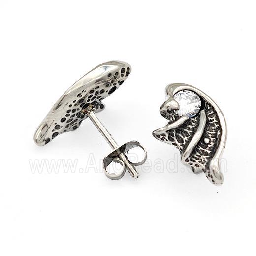 Stainless Steel Wings Stud Earrings Pave Rhinestone Antique Silver