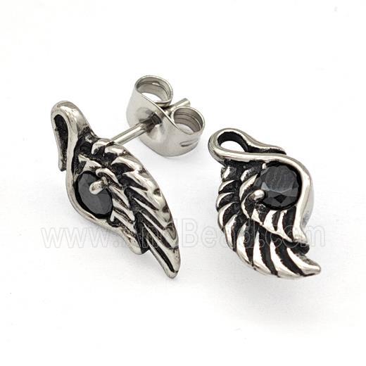 Stainless Steel Wings Stud Earrings Pave Rhinestone Antique Silver