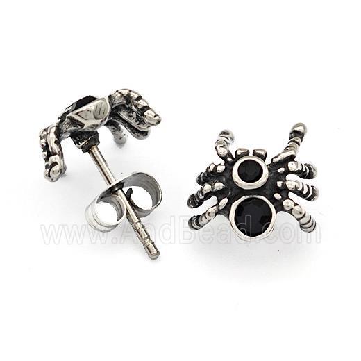 Stainless Steel Spider Stud Earrings Pave Rhinestone Antique Silver