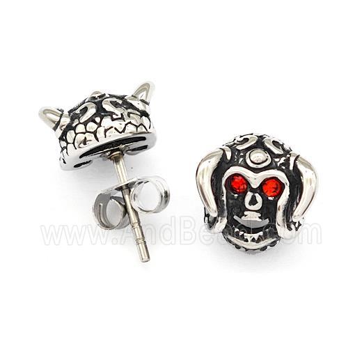 Horns Of Destruction Stainless Steel Stud Earrings Pave Rhinestone Antique Silver