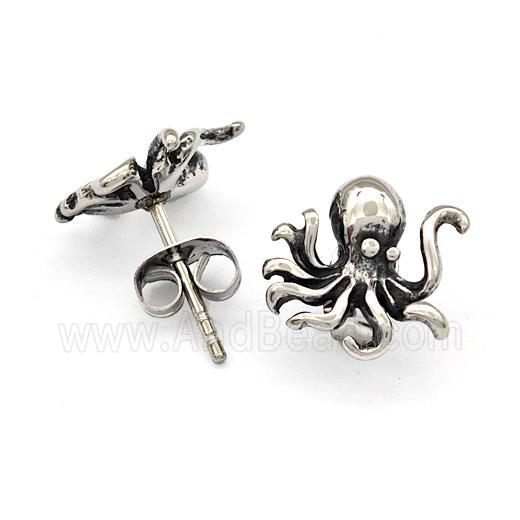 Stainless Steel Octopus Stud Earrings Antique Silver