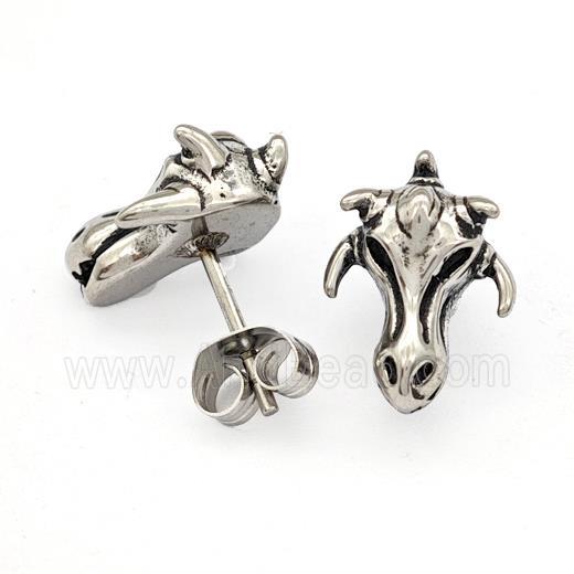 Three Horned Bucks Charms Stainless Steel Stud Earrings Antique Silver
