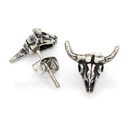 Stainless Steel Bull Stud Earrings Antique Silver