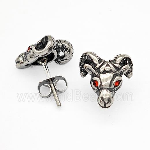 Sheep Stainless Steel Goat Stud Earrings Pave Rhinestone Aries Antique Silver