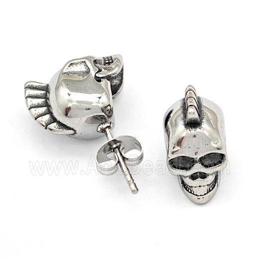Stainless Steel Skull Stud Earrings Antique Silver