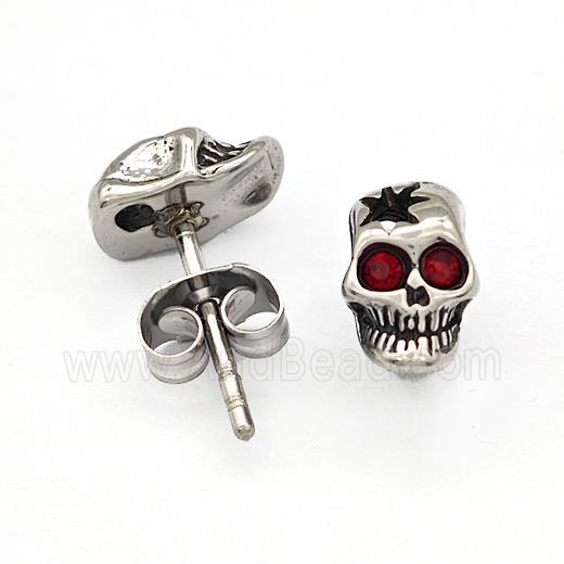 Stainless Steel Skull Stud Earrings Pave Rhinestone Antique Silver