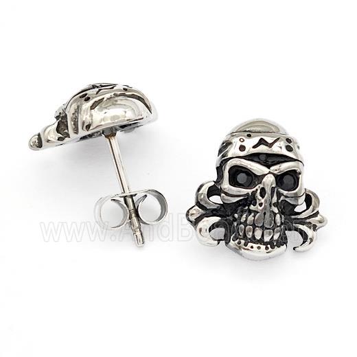 Stainless Steel Skull Stud Earrings Pave Rhinestone Antique Silver