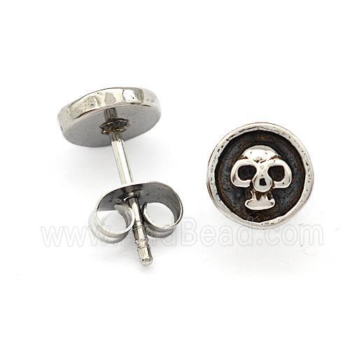 Stainless Steel Skull Stud Earrings Antique Silver
