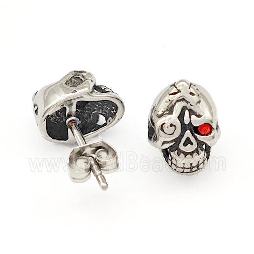 Stainless Steel Skull Stud Earrings Pave Rhinestone Antique Silver