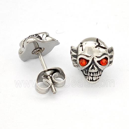 Stainless Steel Skull Stud Earrings Pave Rhinestone Antique Silver