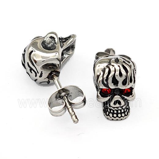 Stainless Steel Skull Stud Earrings Pave Rhinestone Antique Silver