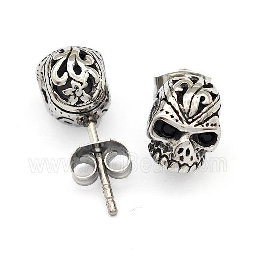 Stainless Steel Skull Stud Earrings Antique Silver