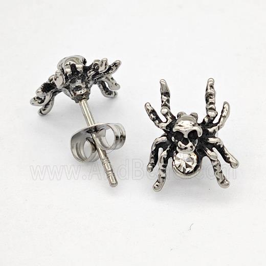 Stainless Steel Spider Stud Earrings Pave Rhinestone Antique Silver