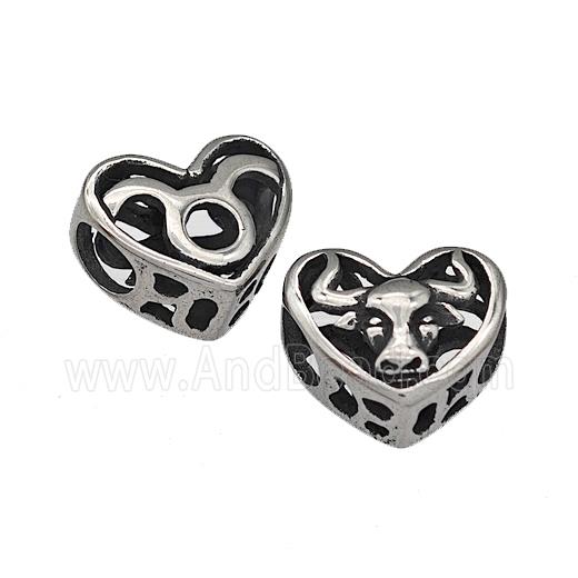 316 Stainless Steel Heart Beads Zodiac Taurus Large Hole Hollow Antique Silver