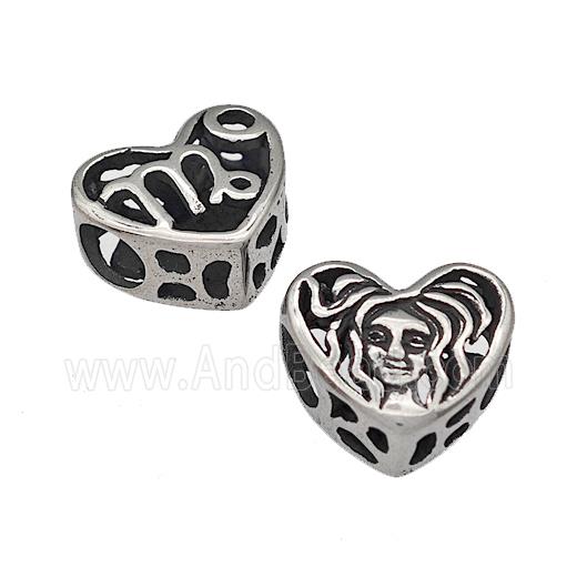 316 Stainless Steel Heart Beads Zodiac Virgo Large Hole Hollow Antique Silver