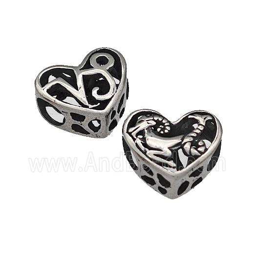 316 Stainless Steel Heart Beads Zodiac Capricorn Large Hole Hollow Antique Silver