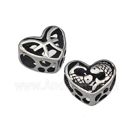 316 Stainless Steel Heart Beads Zodiac Pisces Large Hole Hollow Antique Silver
