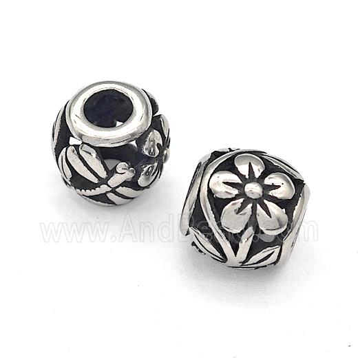 316 Stainless Steel Round Beads Flower Hollow Large Hole Antique silver