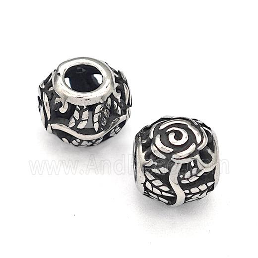 316 Stainless Steel Round Beads Flower Hollow Large Hole Antique silver