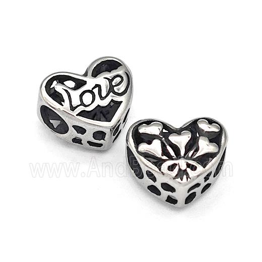 316 Stainless Steel Heart Beads LOVE Hollow Large Hole Antique Silver