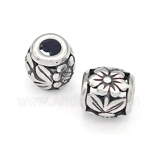316 Stainless Steel Barrel Beads Flower Hollow Large Hole Antique silver