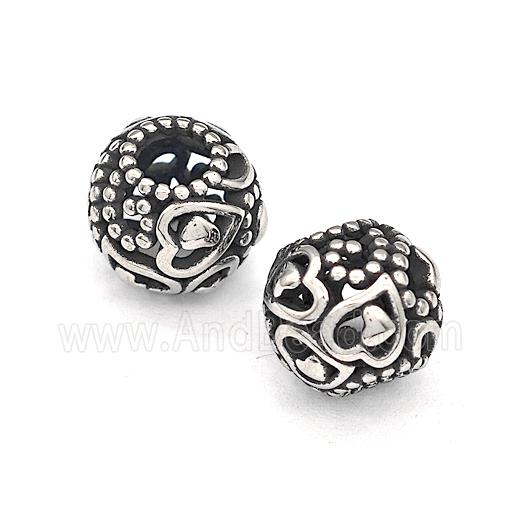 316 Stainless Steel Round Beads Heart Hollow Large Hole Antique Silver