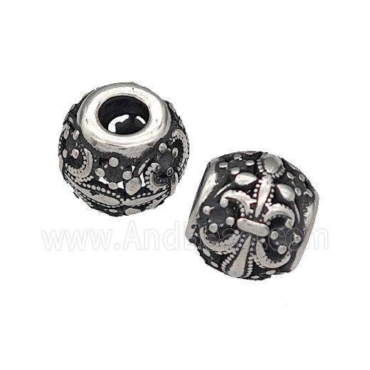316 Stainless Steel Round Beads Fleur De Lis Hollow Large Hole Antique silver