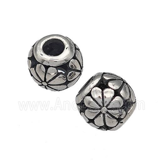 316 Stainless Steel Round Beads Flower Hollow Large Hole Antique silver