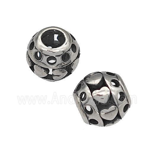 316 Stainless Steel Round Beads Heart Hollow Large Hole Antique Silver