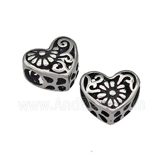 316 Stainless Steel Heart Beads Flower Hollow Large Hole Antique Silver