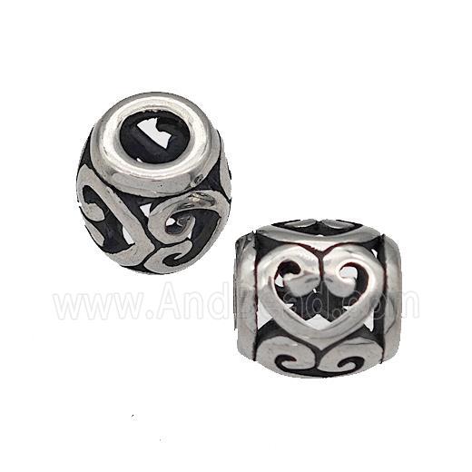 316 Stainless Steel Barrel Beads Heart Hollow Large Hole Antique Silver