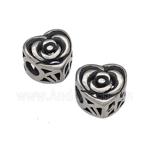 316 Stainless Steel Heart Beads Flower Hollow Large Hole Antique Silver