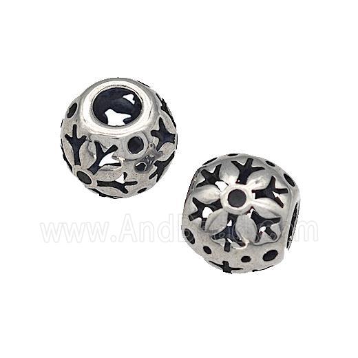 316 Stainless Steel Round Beads Flower Hollow Large Hole Antique silver