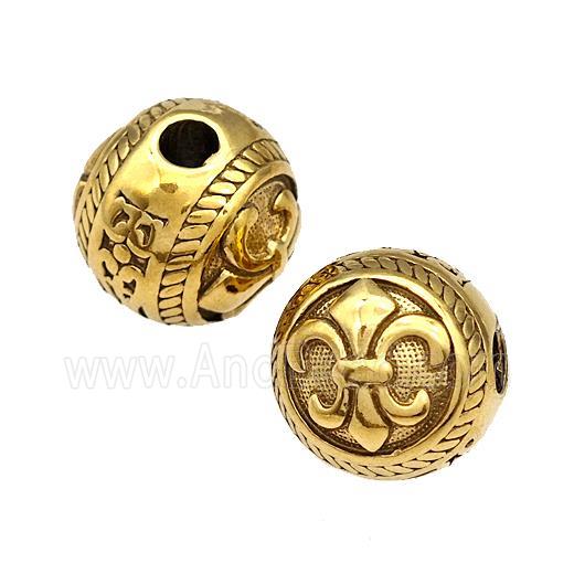 Stainless Steel Round Beads Fleur De Lis Gold Plated