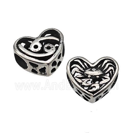Stainless Steel Heart Beads Zodiac Cancer Large Hole Hollow Antique Silver