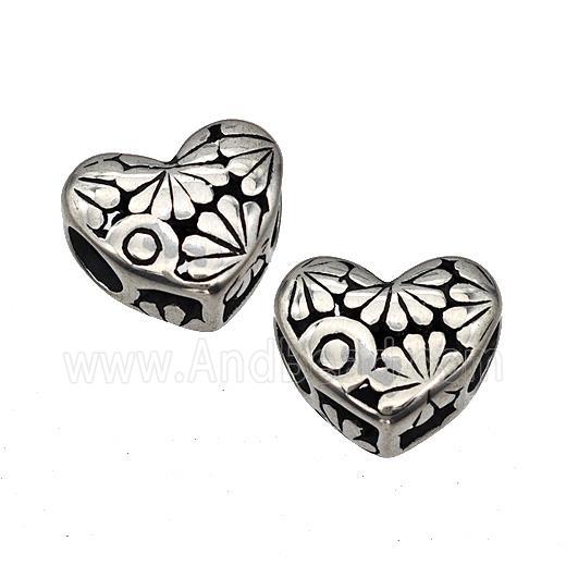 Stainless Steel Heart Beads Flower Hollow Large Hole Antique Silver