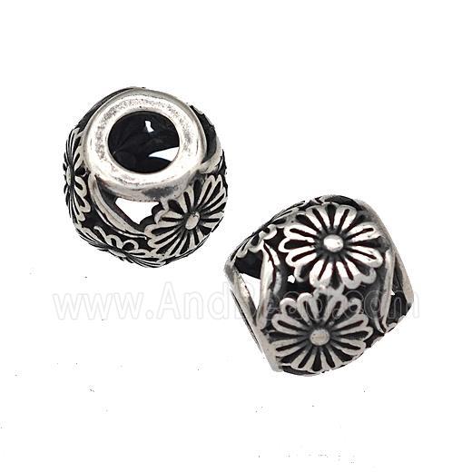 Stainless Steel Barrel Beads Hollow Flower Large Hole Antique Silver