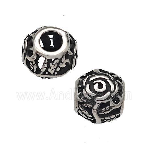 Stainless Steel Round Beads Flower Hollow Large Hole Antique Silver