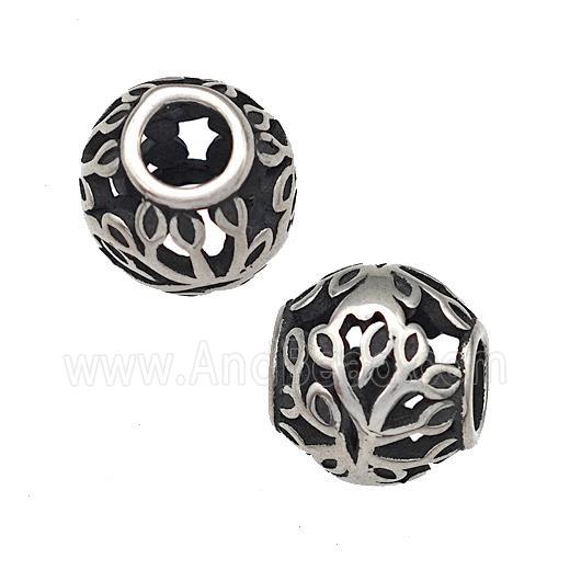 Stainless Steel Round Beads Flower Hollow Large Hole Antique Silver