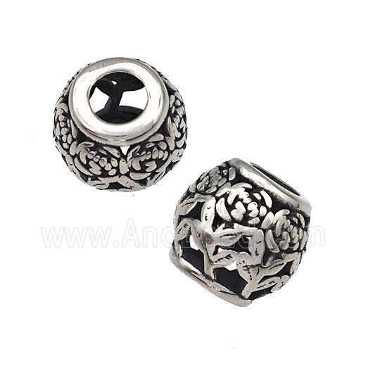 Stainless Steel Barrel Beads Flower Hollow Large Hole Antique Silver