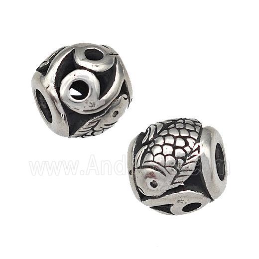Stainless Steel Barrel Beads Fish Hollow Large Hole Antique Silver
