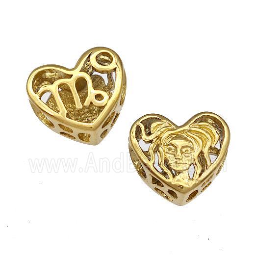 Stainless Steel Heart Beads Zodiac Virgo Large Hole Hollow Gold Plated